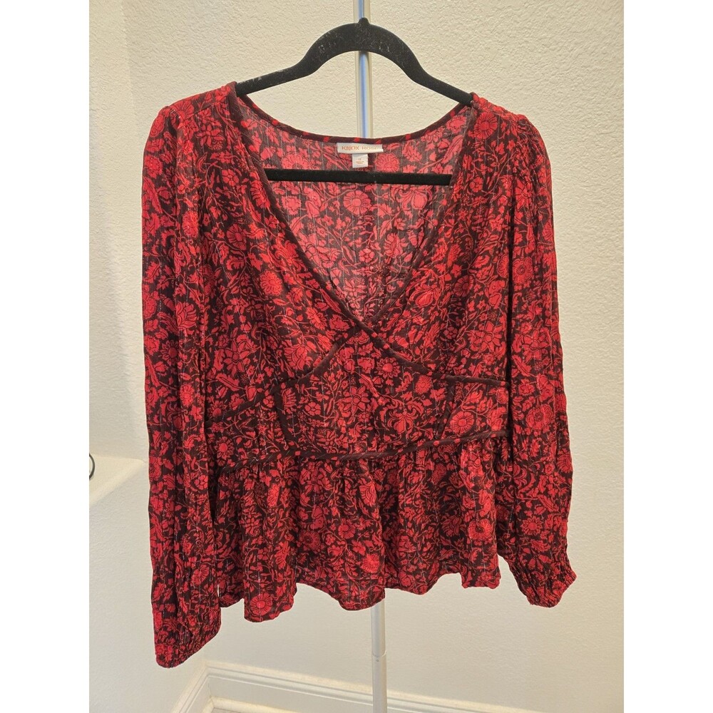 Knox Rose XL Floral Faux Wrap Blouse Womens Red Black Metallic Lurex Peplum Top